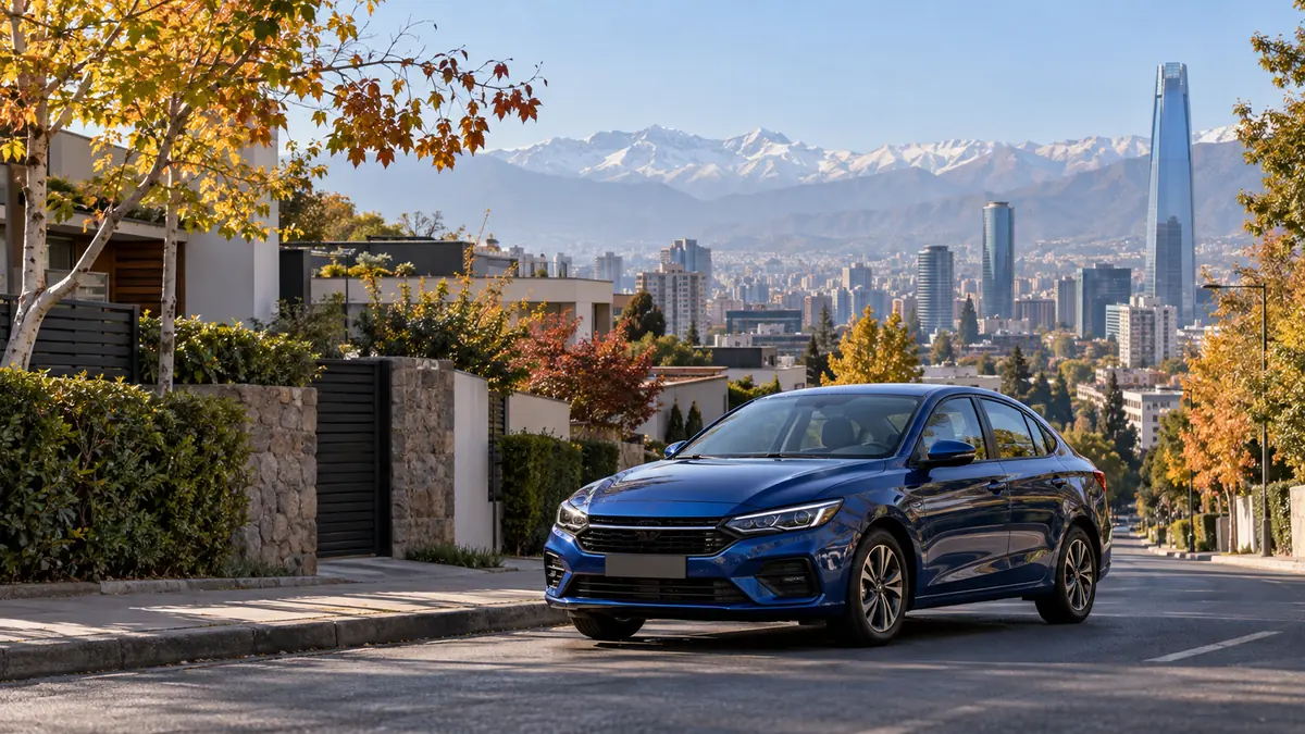 Ilustración de un auto azul en una calle de Santiago, con la ciudad y los Andes al fondo.