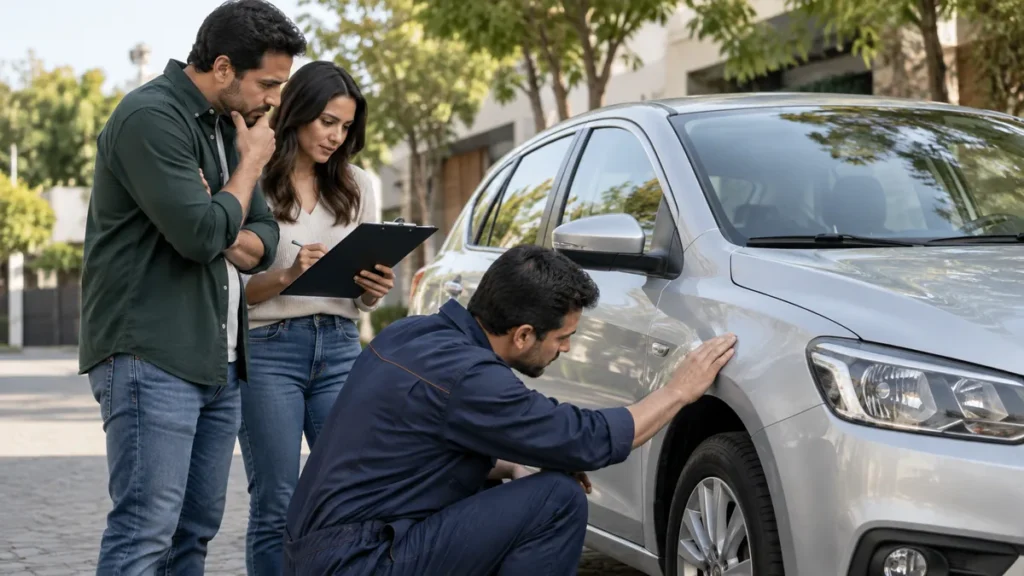 Pareja revisando un auto usado con un mecánico y una lista de inspección.