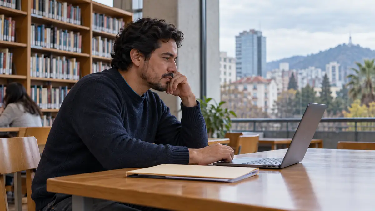 Ilustración generada de un hombre revisando información laboral en una computadora dentro de una biblioteca.