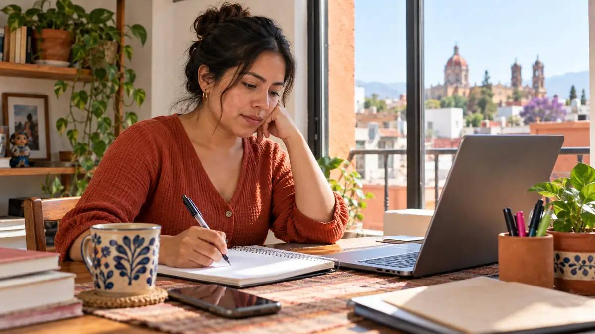 Ilustración generada de una mujer preparando una candidatura con un cuaderno y una computadora en casa.