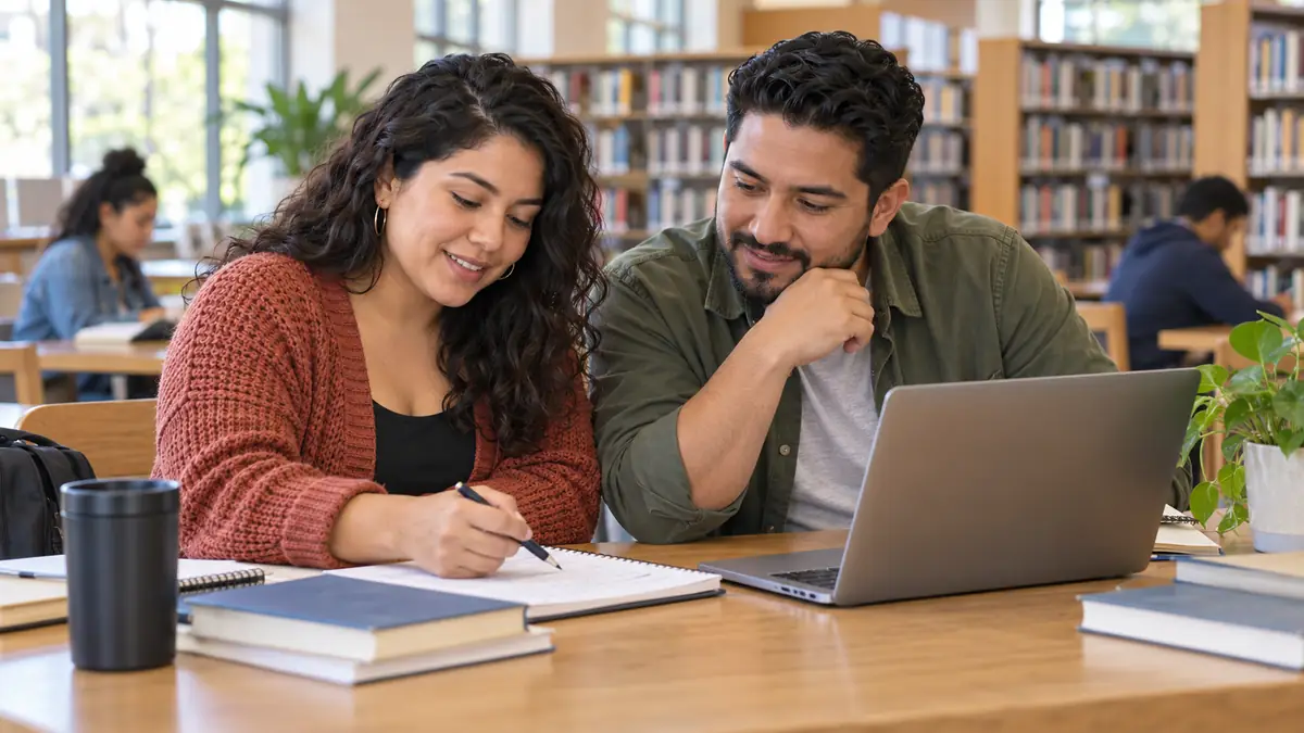 Ilustración generada de dos adultos revisando un cuaderno y una computadora en una biblioteca.