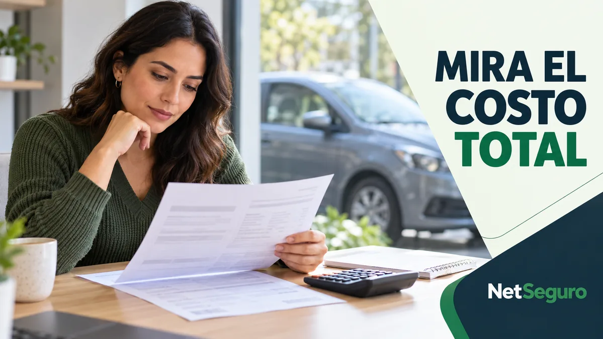 Mujer revisando una cotización junto a una calculadora, con un auto gris al fondo.