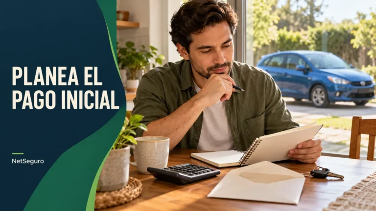 Hombre revisando su cuaderno junto a una calculadora, con un auto azul al fondo.