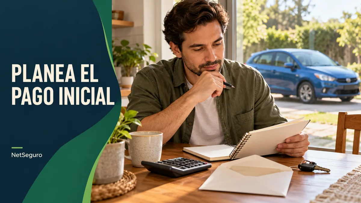 Hombre revisando su cuaderno junto a una calculadora, con un auto azul al fondo.