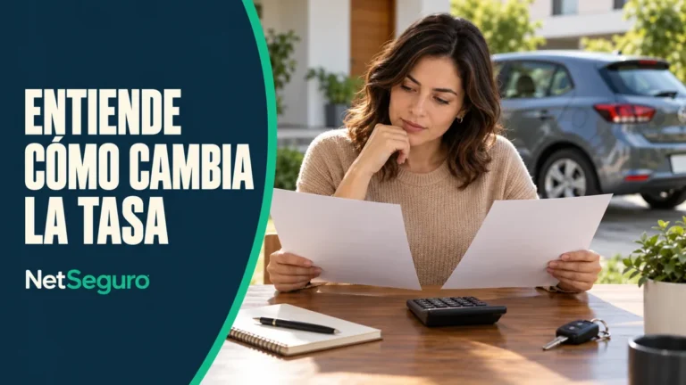 Mujer comparando dos documentos junto a una calculadora y llaves, con un auto gris al fondo.
