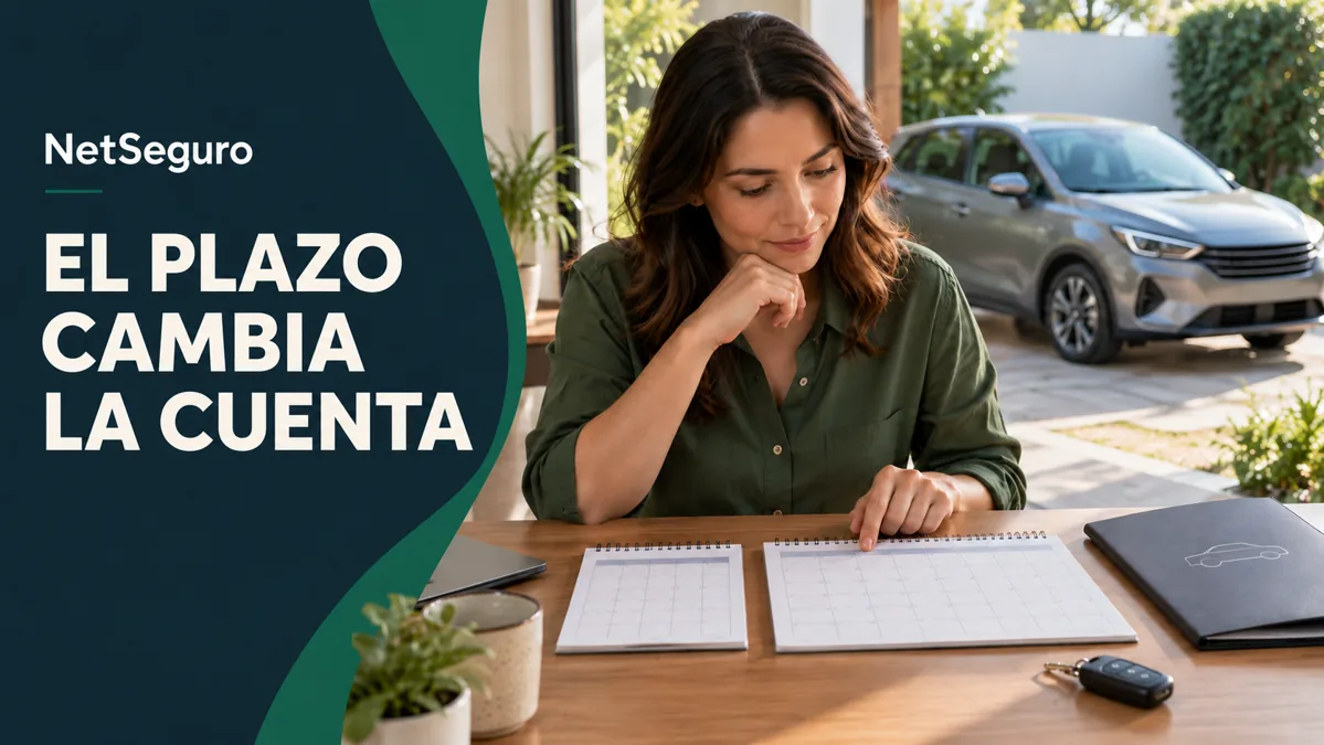 Mujer comparando dos calendarios en un escritorio, con un auto gris al fondo.