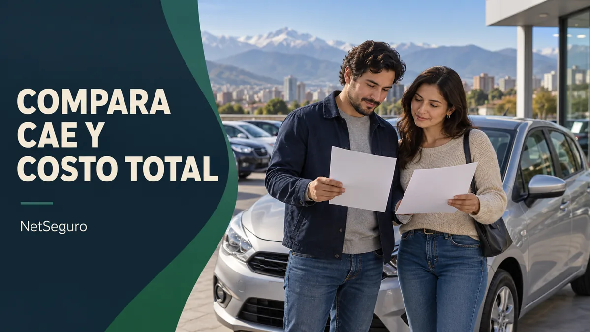 Pareja comparando documentos junto a un auto plateado, con una ciudad y montañas al fondo.