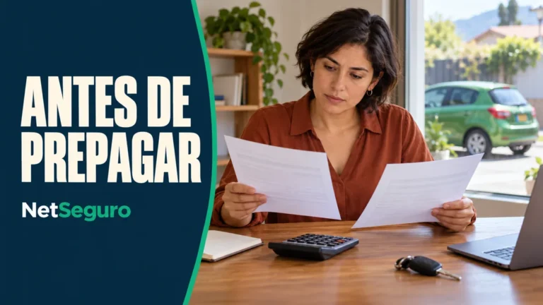 Mujer comparando documentos de pago junto a una calculadora y llaves de auto.