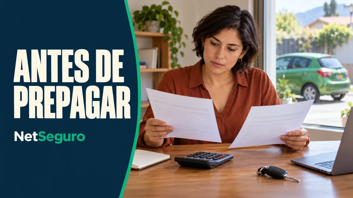 Mujer comparando documentos de pago junto a una calculadora y llaves de auto.