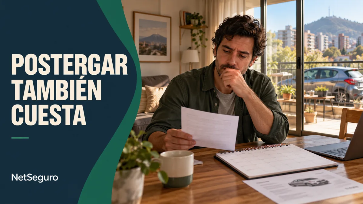 Hombre revisando una cotización y un calendario en su casa, con un auto al fondo.