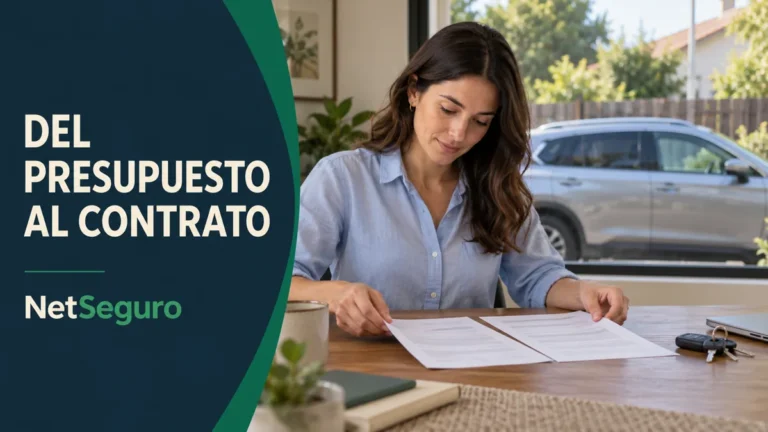 Mujer comparando dos documentos en un escritorio junto a las llaves de un auto.