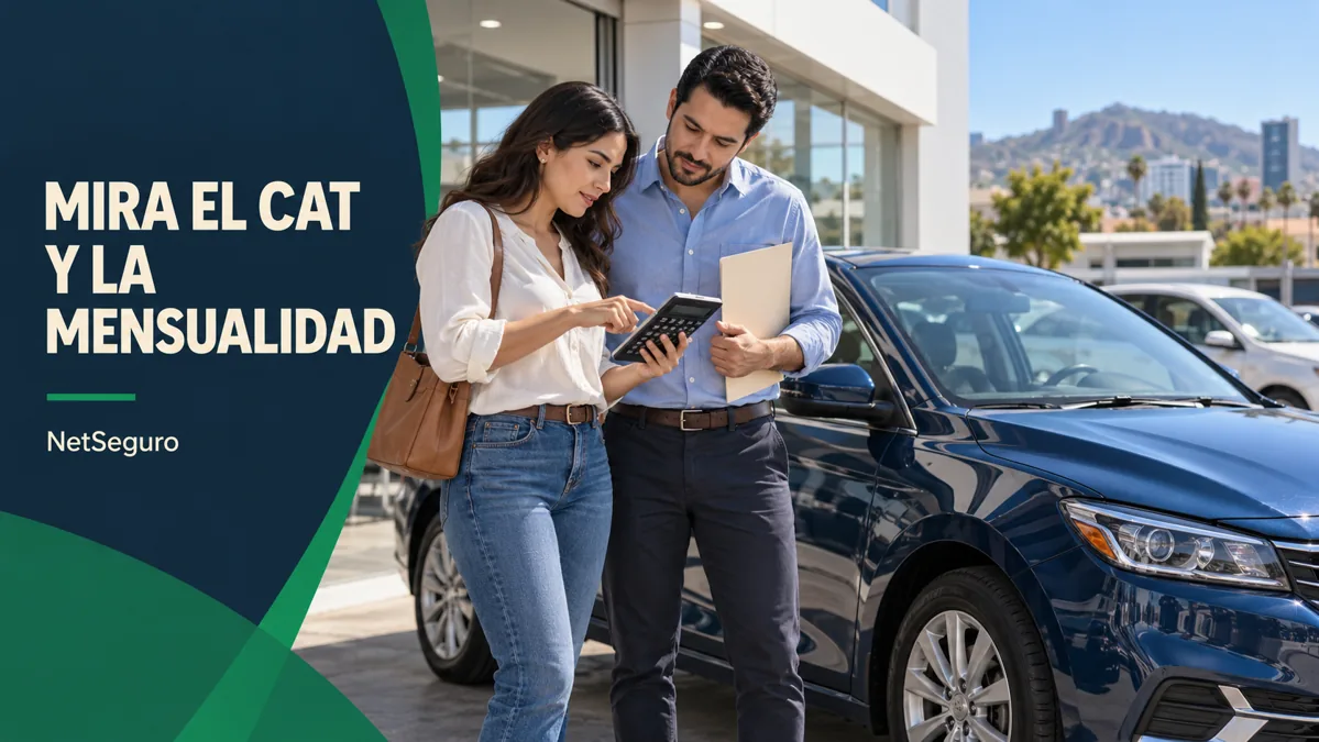Pareja revisando una calculadora y una carpeta junto a un auto azul.