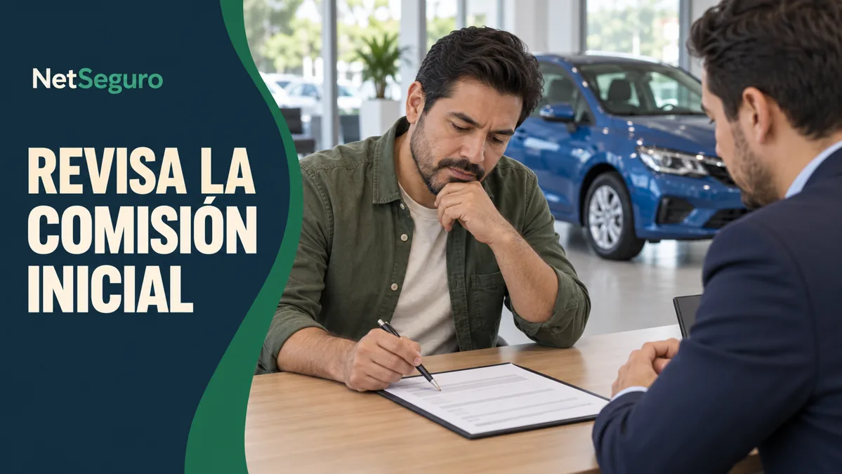Hombre revisando una cotización en un escritorio de una agencia, con un auto azul al fondo.