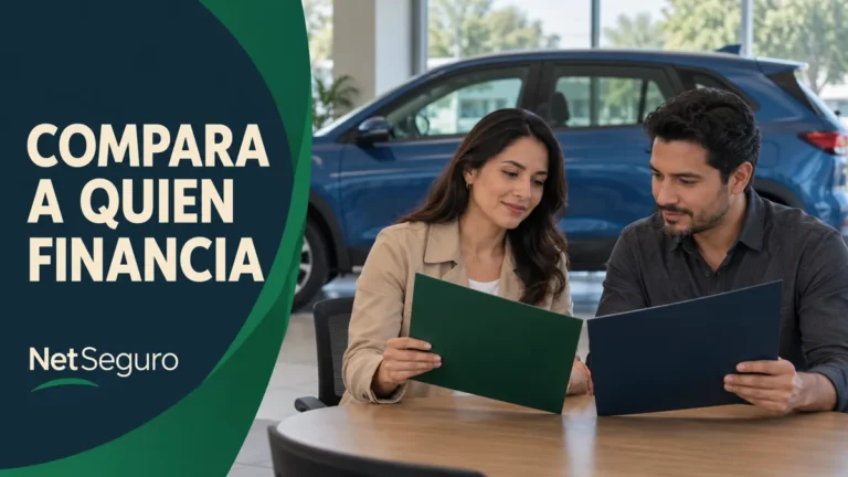 Pareja revisando dos carpetas de financiamiento junto a un auto azul.