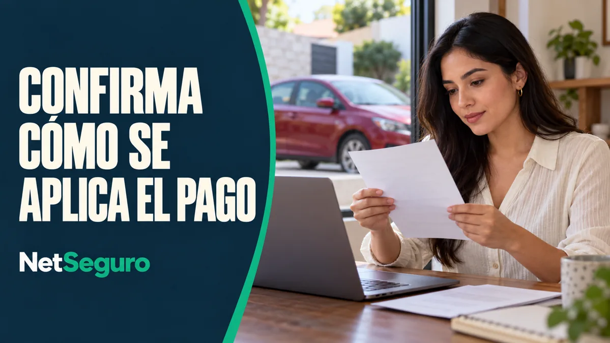 Mujer revisando un comprobante junto a una computadora, con un auto rojo al fondo.
