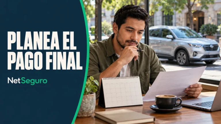 Hombre comparando un calendario y un presupuesto, con un auto plateado al fondo.