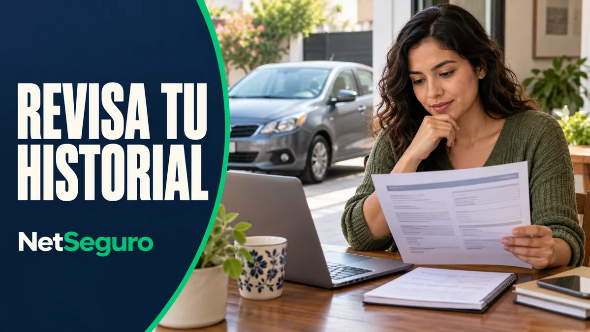 Mujer revisando un reporte crediticio junto a una computadora, con un auto gris al fondo.