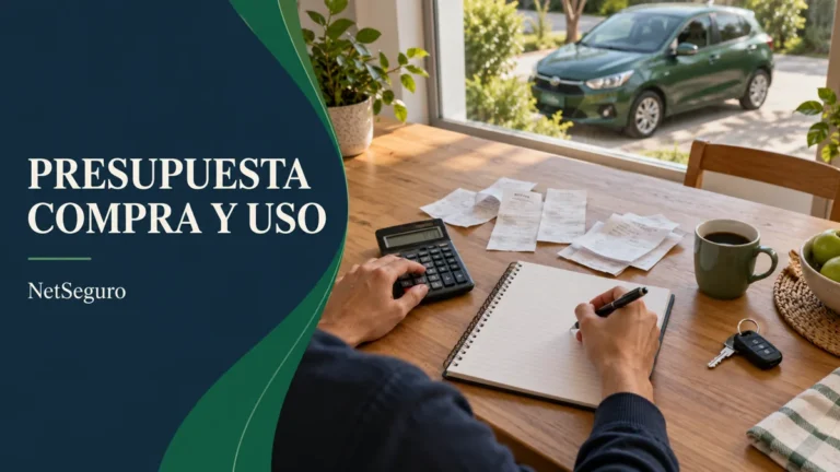 Manos organizando un presupuesto con cuaderno y calculadora, con un auto verde al fondo.