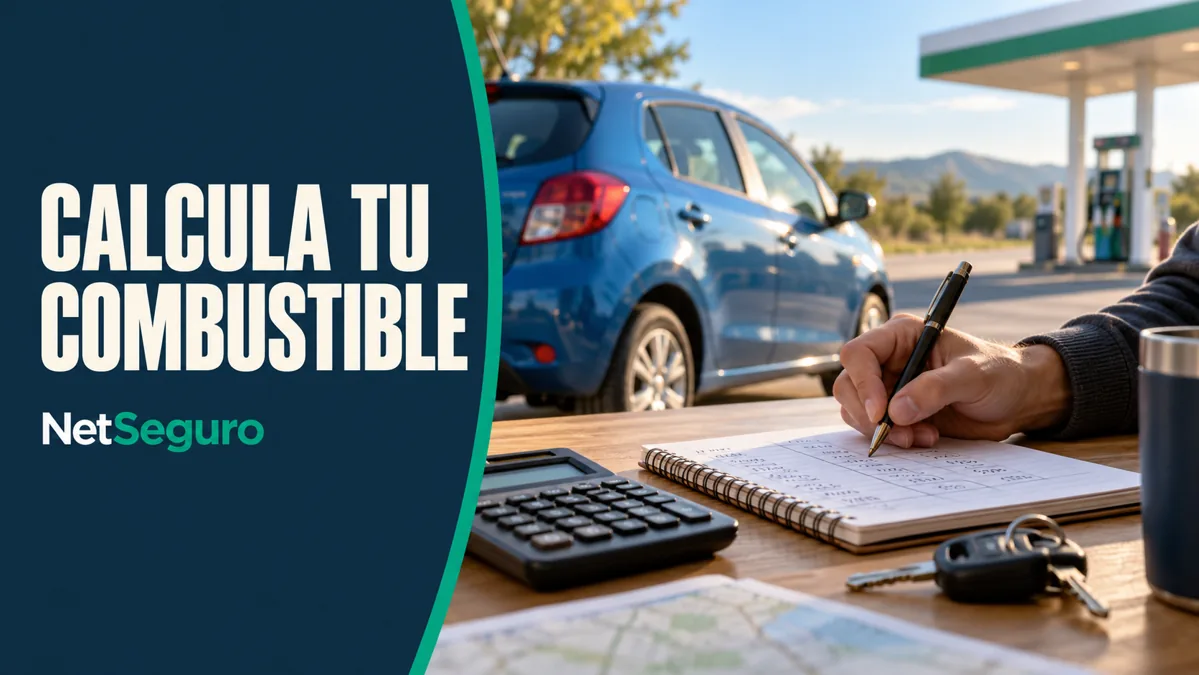Mano anotando un registro de recorridos junto a una calculadora y las llaves, con un auto azul al fondo.