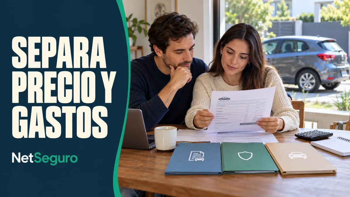 Pareja revisando el desglose de gastos de un auto con carpetas y calculadora.