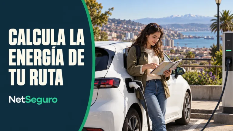 Mujer consultando una ruta junto a un auto eléctrico conectado a un cargador público.