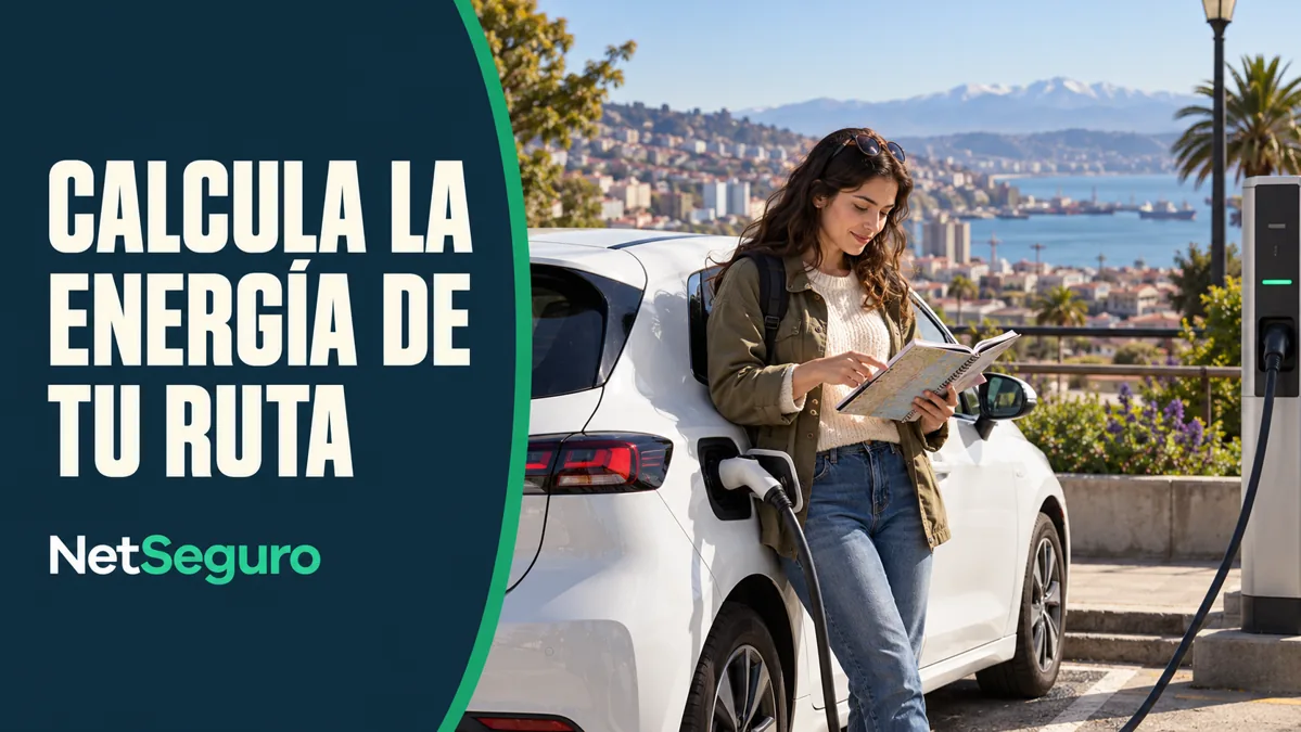 Mujer consultando una ruta junto a un auto eléctrico conectado a un cargador público.