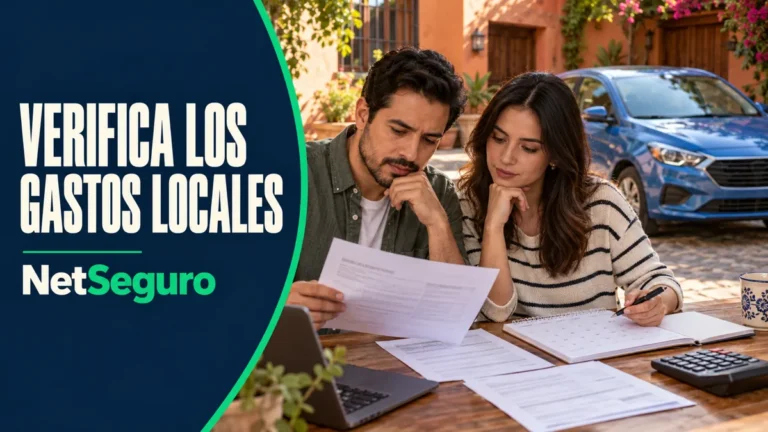 Pareja revisando documentos de control vehicular y calendario junto a un auto azul.