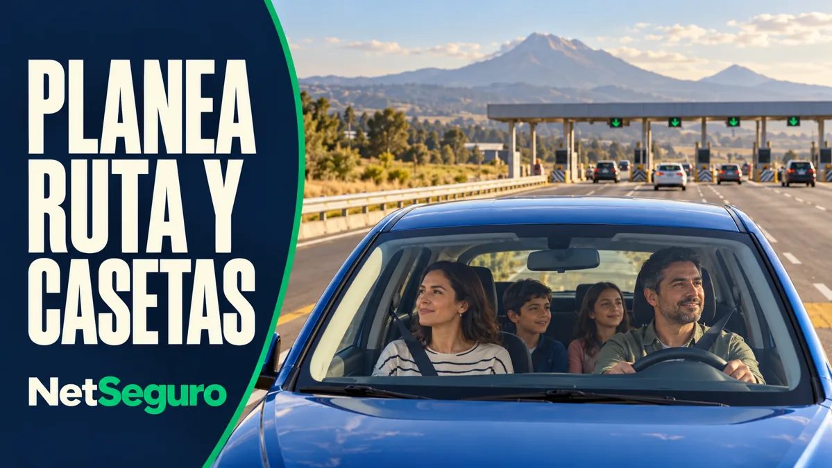 Familia viajando en un auto azul hacia casetas de una autopista de México.