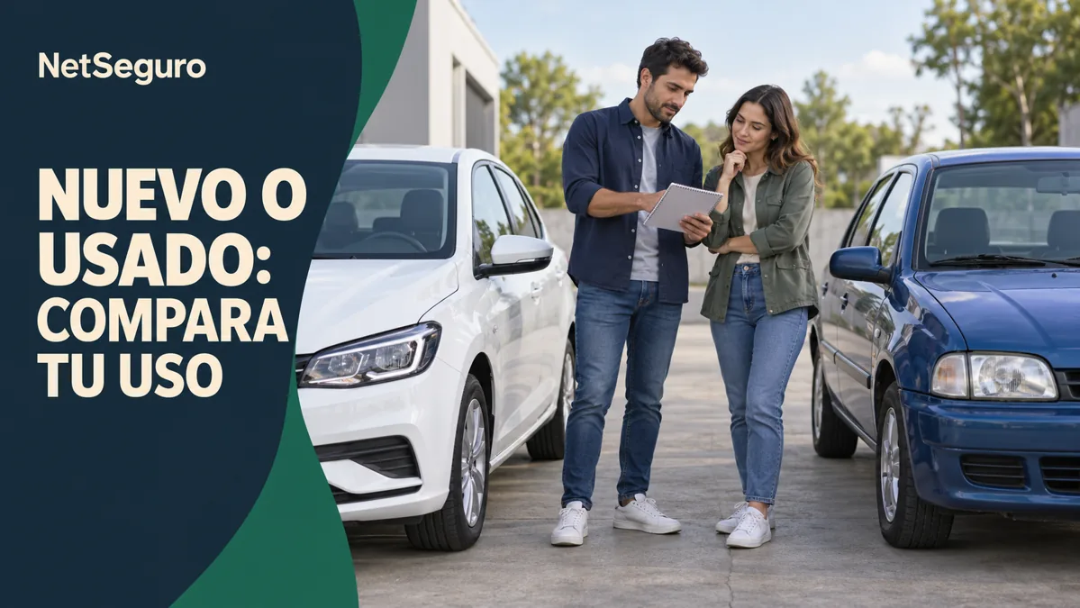Pareja comparando un cuaderno entre un auto blanco y un auto azul.