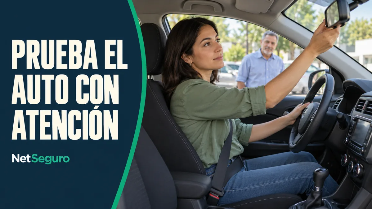 Conductora ajustando un espejo con el auto detenido antes de una prueba de manejo.