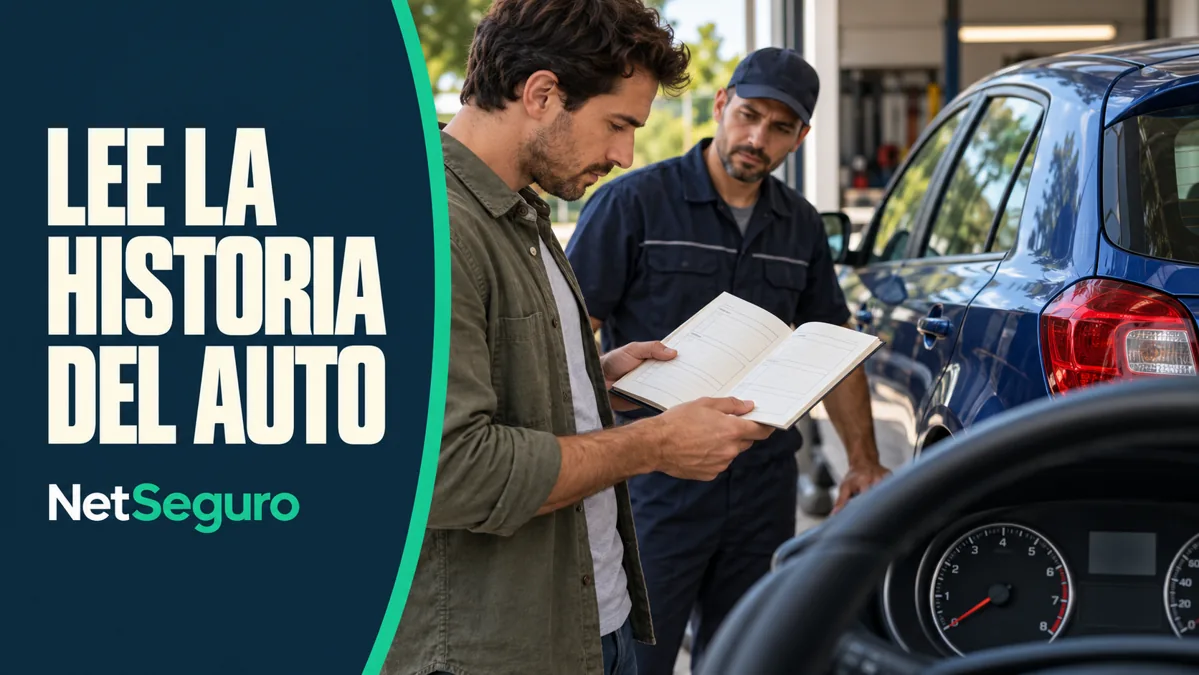 Comprador y mecánico revisando un libro de mantenimiento junto a un auto azul.