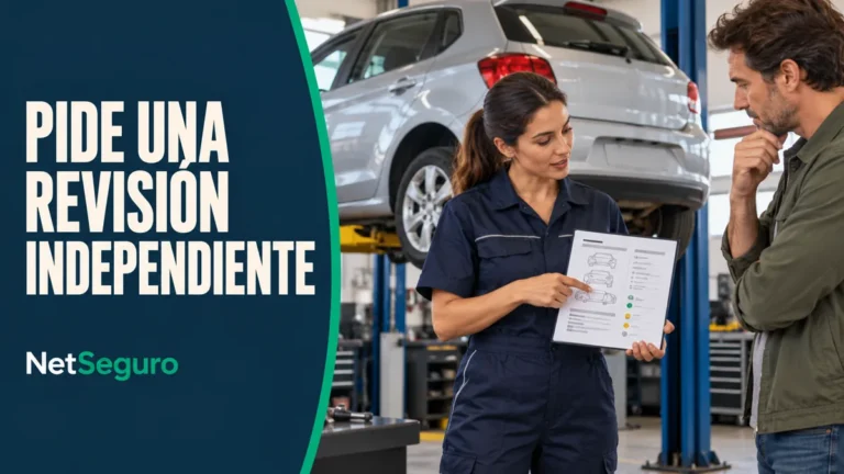 Mecánica mostrando un informe a un comprador junto a un auto elevado en un taller.