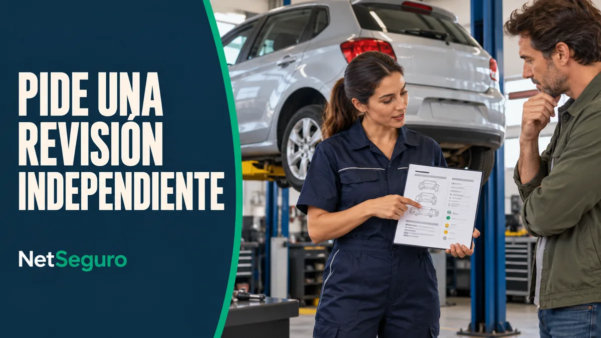 Mecánica mostrando un informe a un comprador junto a un auto elevado en un taller.