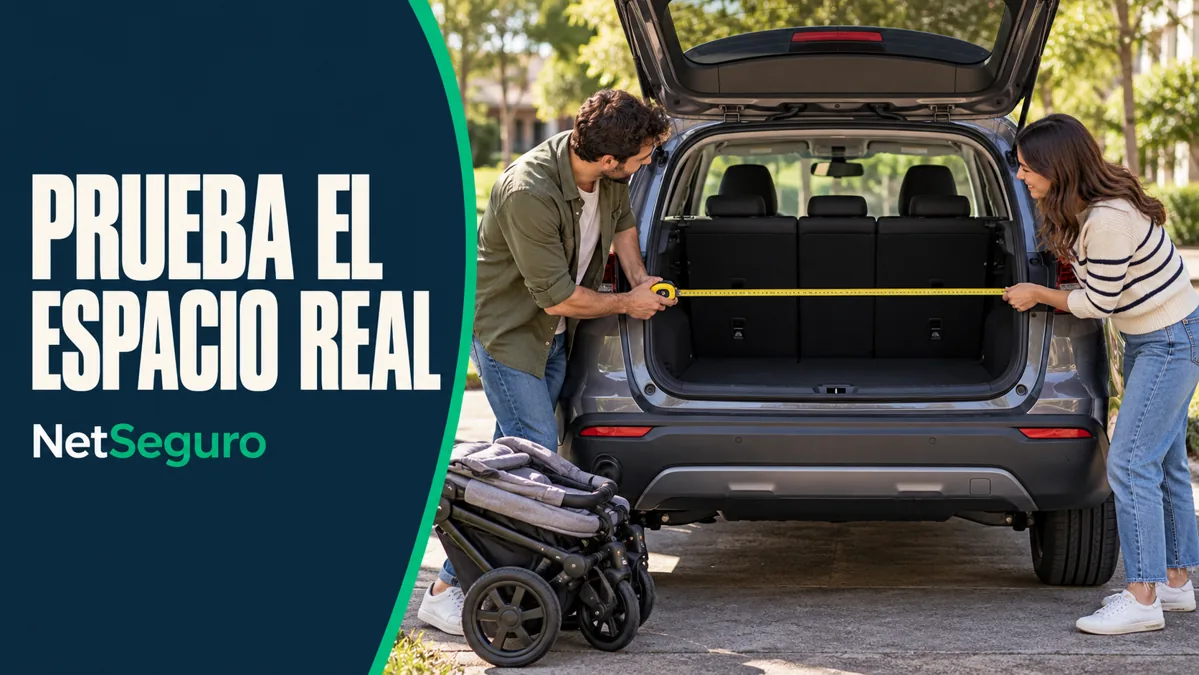 Pareja midiendo la apertura de un maletero junto a un coche de bebé plegado.