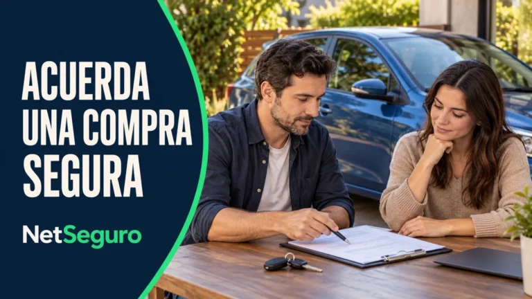 Dos particulares revisando un acuerdo de compraventa junto a un auto azul.