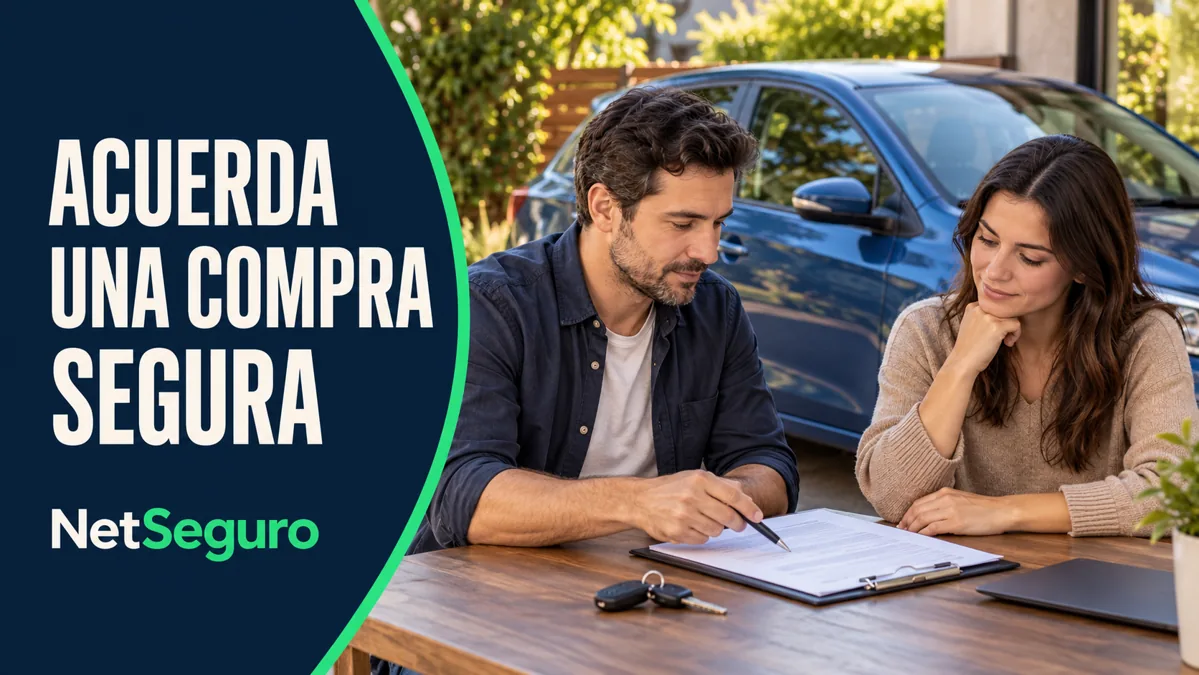 Dos particulares revisando un acuerdo de compraventa junto a un auto azul.