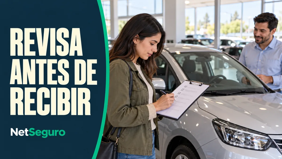 Compradora revisando una lista de entrega junto a un auto nuevo en una automotora.