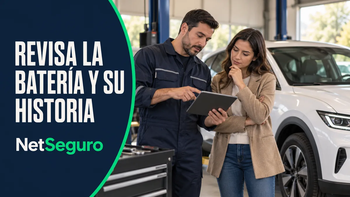Técnico explicando un informe de diagnóstico a una compradora junto a un auto eléctrico.