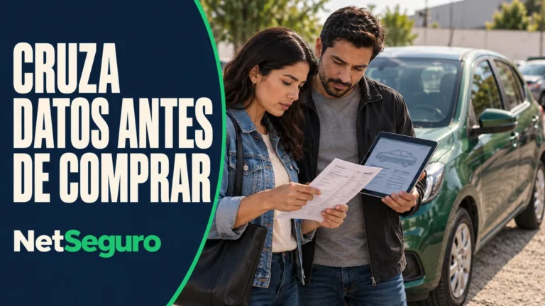 Compradores contrastando documentos y datos de un auto usado verde.
