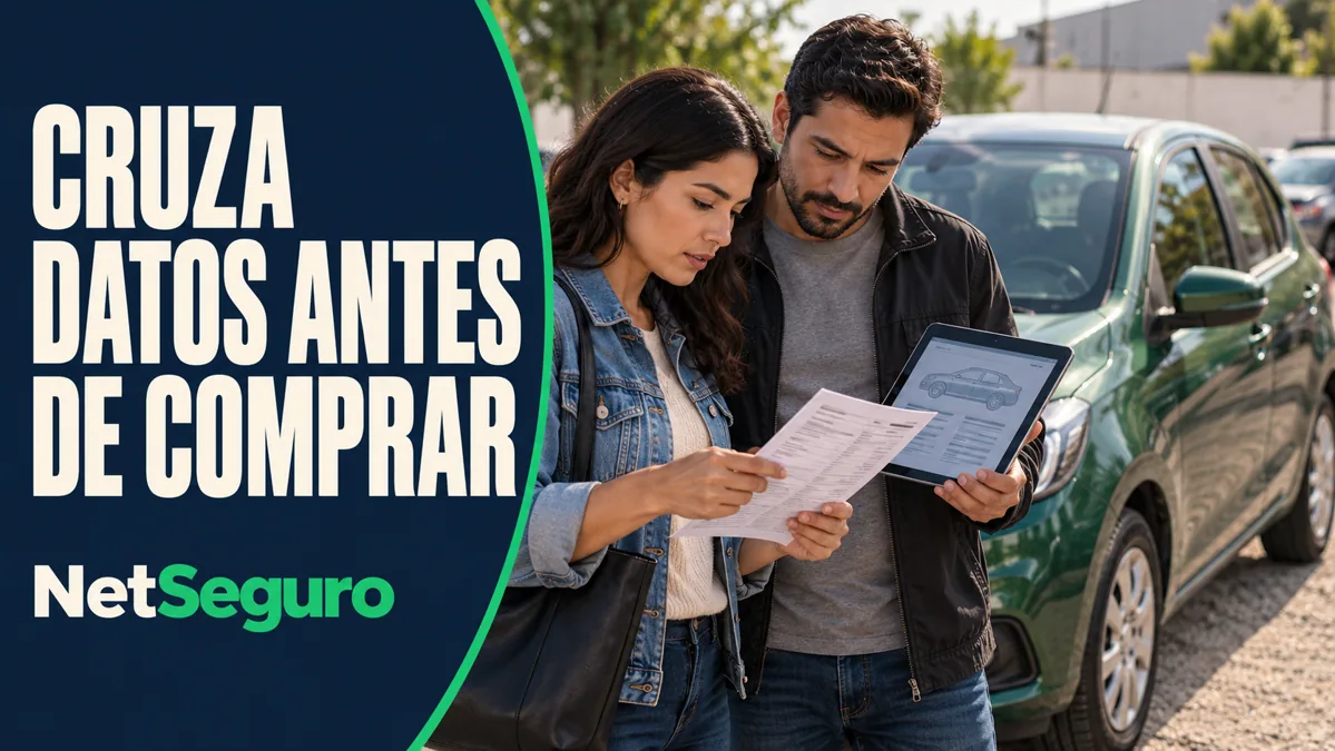 Compradores contrastando documentos y datos de un auto usado verde.