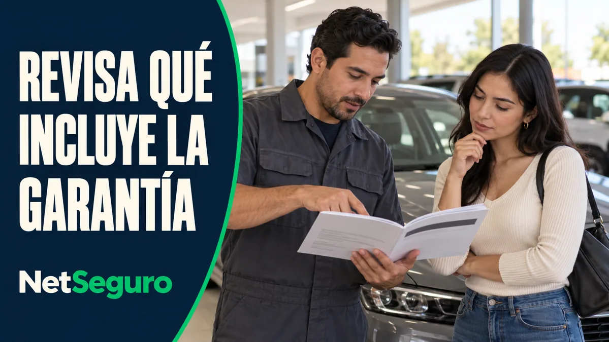 Compradora revisando un documento de garantía con un técnico junto a un seminuevo.