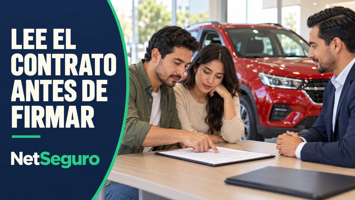 Pareja leyendo un contrato junto a un auto nuevo rojo en una agencia.