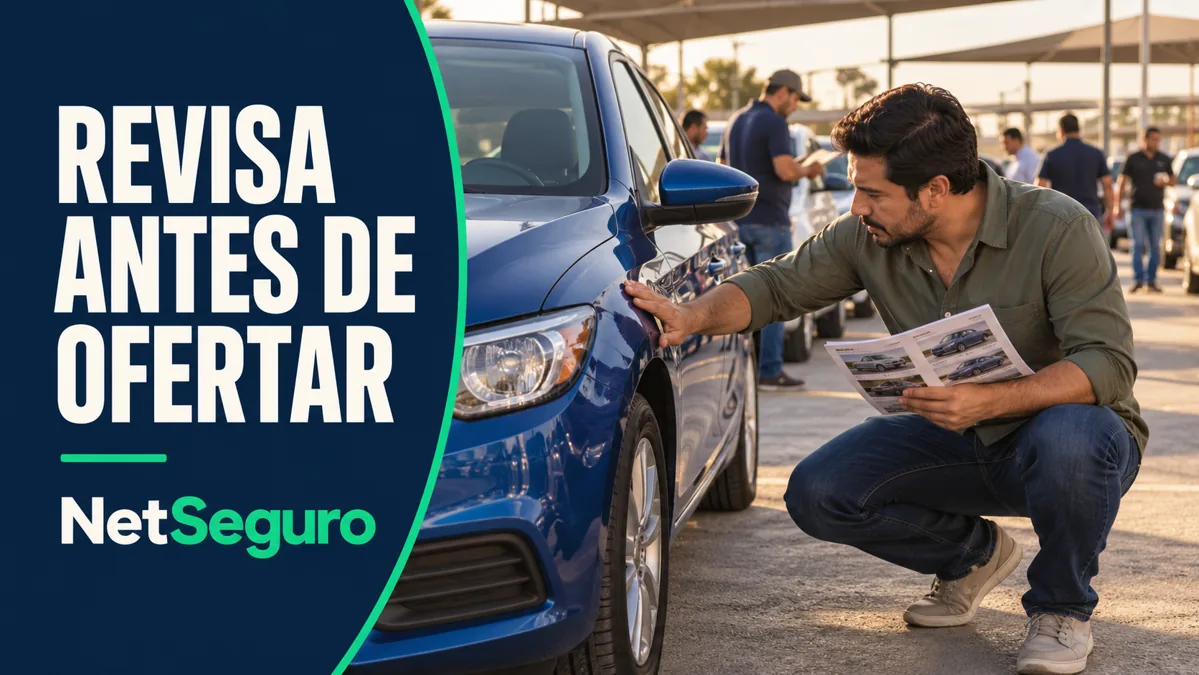 Comprador revisando un catálogo junto a vehículos estacionados en un lote de subasta.