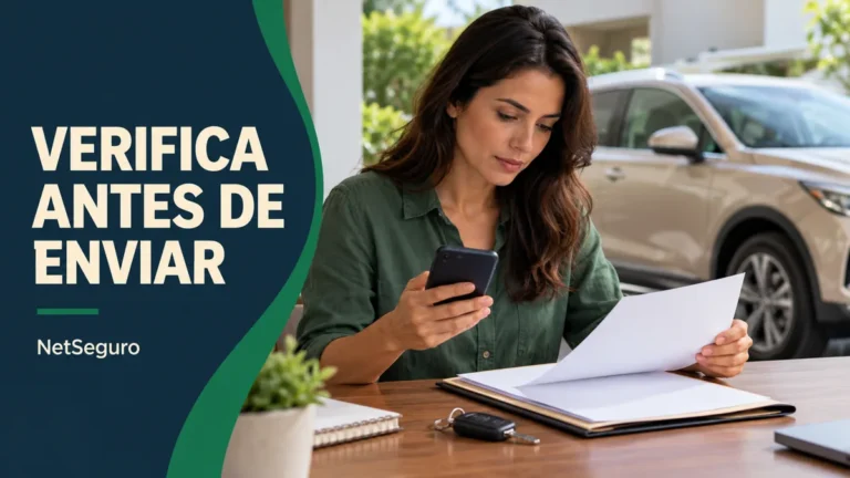 Mujer revisando un teléfono y una carpeta de documentos, con un auto al fondo.