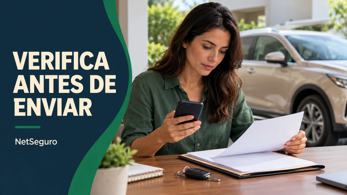 Mujer revisando un teléfono y una carpeta de documentos, con un auto al fondo.