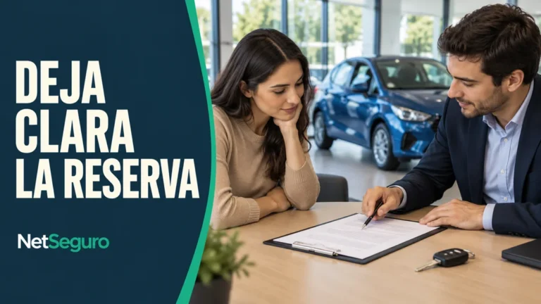 Dos personas revisando un acuerdo de reserva junto a las llaves, con un auto azul al fondo.