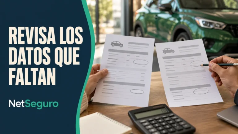 Manos comparando dos cotizaciones con campos señalados, con un auto verde al fondo.
