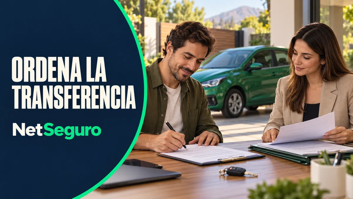 Comprador organizando contrato, carpetas y llaves con un auto verde al fondo.
