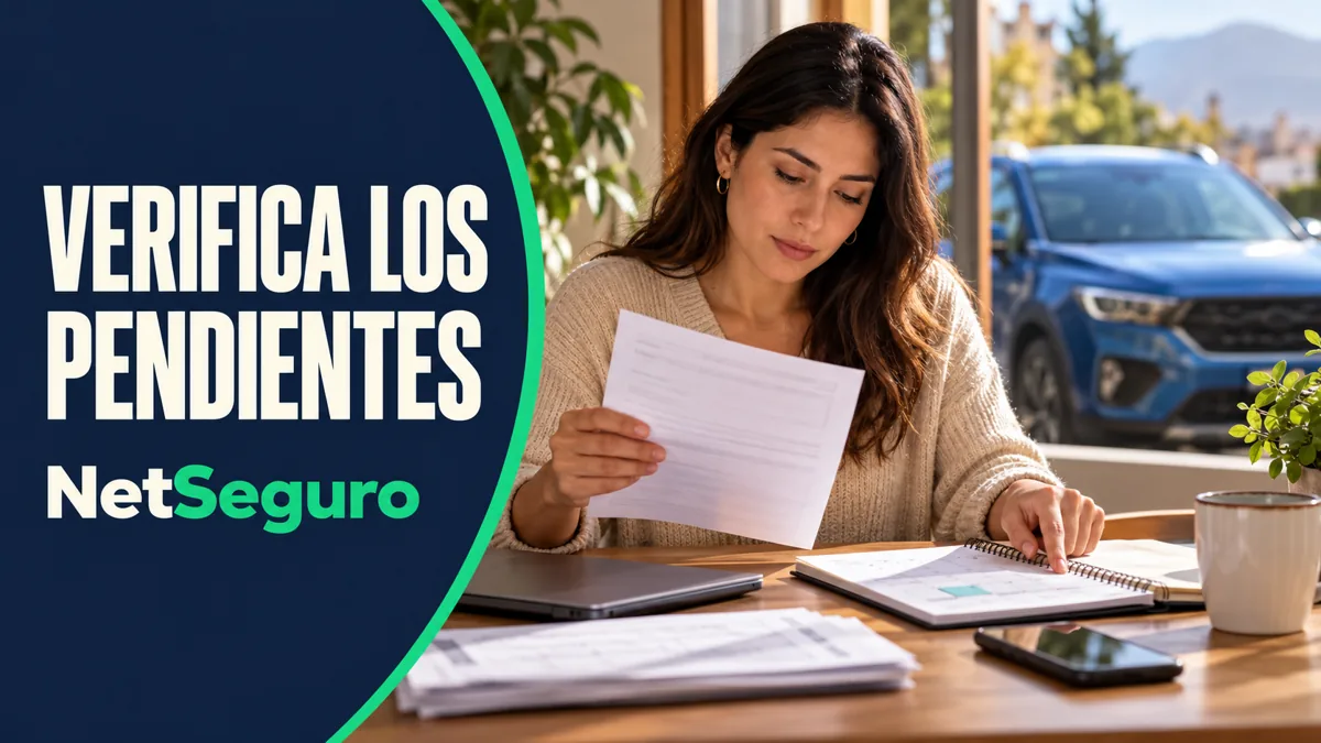 Mujer contrastando documentos y calendario junto a un auto azul.