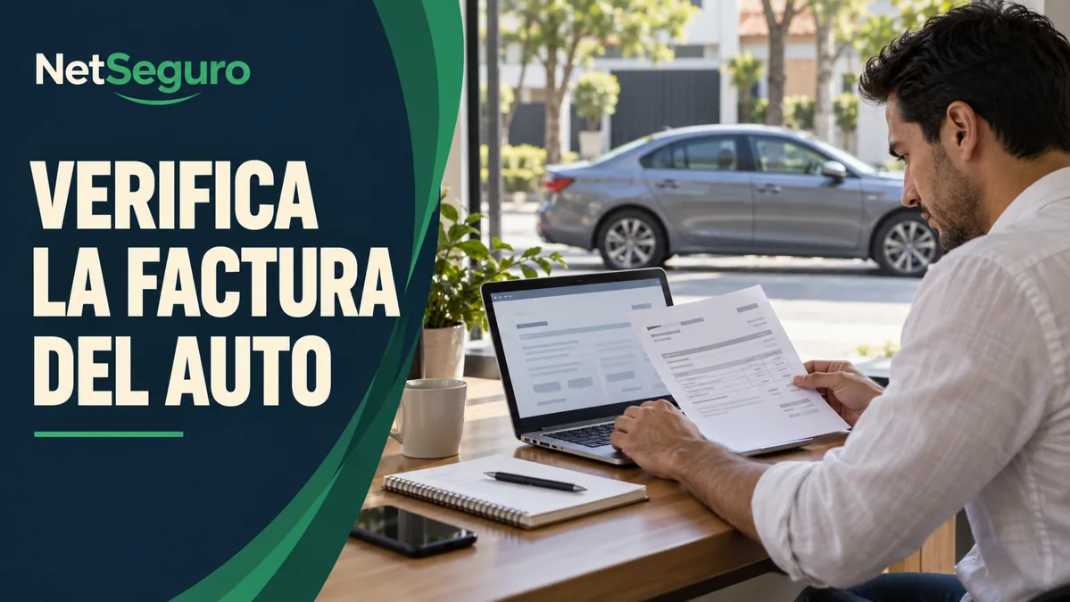 Hombre comparando una factura de auto y una página de verificación en una computadora.